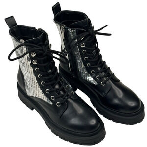 Nine West Hediy Black Silver Sequin Lace Up Combat Boots Womens Size 7M New $129